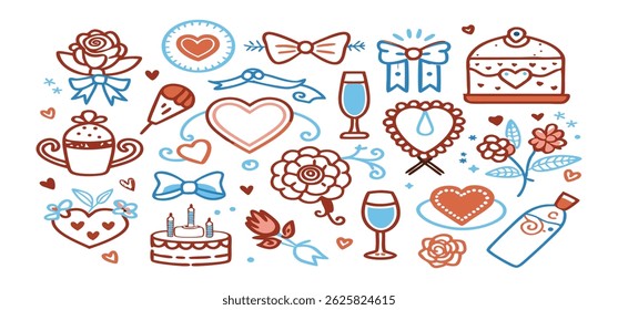 This charming set of hand-drawn coquette elements is perfect for Valentine's Day, birthdays, holidays, Friendship Day, and Christmas designs. Great for cards, prints, scrapbooks, and digital projects.