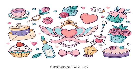 This charming set of hand-drawn coquette elements is perfect for Valentine's Day, birthdays, holidays, Friendship Day, and Christmas designs. Great for cards, prints, scrapbooks, and digital projects.