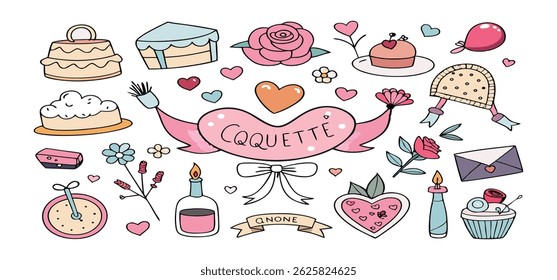 This charming set of hand-drawn coquette elements is perfect for Valentine's Day, birthdays, holidays, Friendship Day, and Christmas designs. Great for cards, prints, scrapbooks, and digital projects.