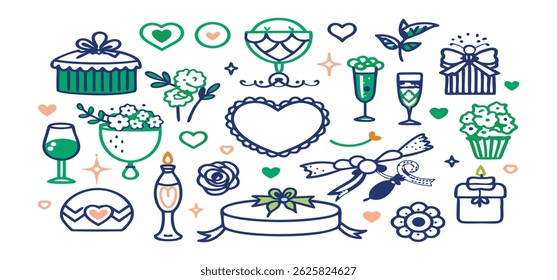 This charming set of hand-drawn coquette elements is perfect for Valentine's Day, birthdays, holidays, Friendship Day, and Christmas designs. Great for cards, prints, scrapbooks, and digital projects.