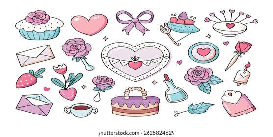 This charming set of hand-drawn coquette elements is perfect for Valentine's Day, birthdays, holidays, Friendship Day, and Christmas designs. Great for cards, prints, scrapbooks, and digital projects.