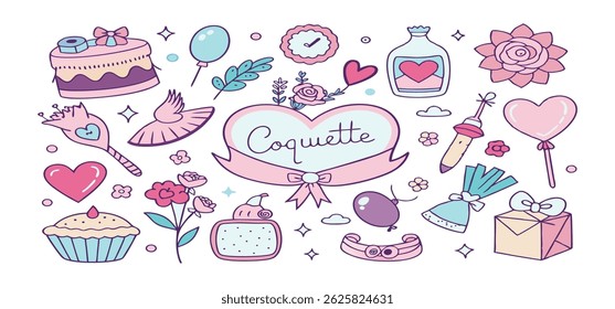This charming set of hand-drawn coquette elements is perfect for Valentine's Day, birthdays, holidays, Friendship Day, and Christmas designs. Great for cards, prints, scrapbooks, and digital projects.