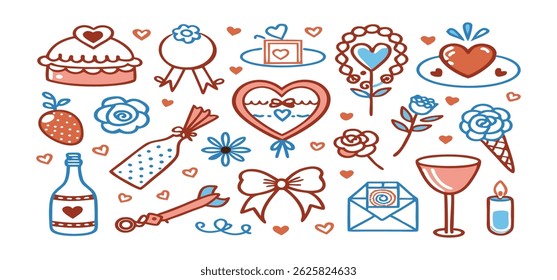 This charming set of hand-drawn coquette elements is perfect for Valentine's Day, birthdays, holidays, Friendship Day, and Christmas designs. Great for cards, prints, scrapbooks, and digital projects.