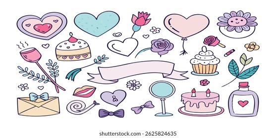 This charming set of hand-drawn coquette elements is perfect for Valentine's Day, birthdays, holidays, Friendship Day, and Christmas designs. Great for cards, prints, scrapbooks, and digital projects.