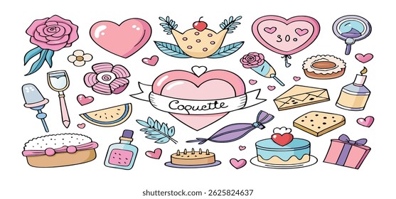 This charming set of hand-drawn coquette elements is perfect for Valentine's Day, birthdays, holidays, Friendship Day, and Christmas designs. Great for cards, prints, scrapbooks, and digital projects.