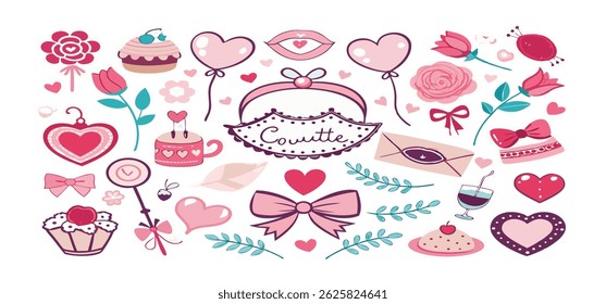 This charming set of hand-drawn coquette elements is perfect for Valentine's Day, birthdays, holidays, Friendship Day, and Christmas designs. Great for cards, prints, scrapbooks, and digital projects.