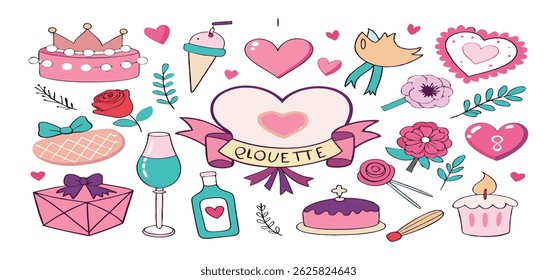 This charming set of hand-drawn coquette elements is perfect for Valentine's Day, birthdays, holidays, Friendship Day, and Christmas designs. Great for cards, prints, scrapbooks, and digital projects.