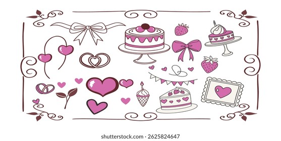 This charming set of hand-drawn coquette elements is perfect for Valentine's Day, birthdays, holidays, Friendship Day, and Christmas designs. Great for cards, prints, scrapbooks, and digital projects.