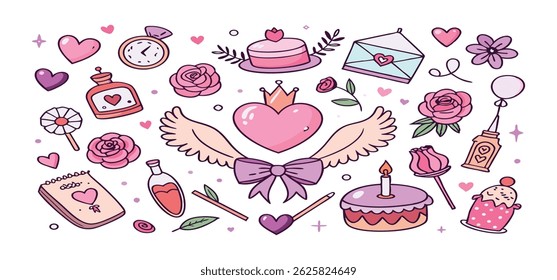 This charming set of hand-drawn coquette elements is perfect for Valentine's Day, birthdays, holidays, Friendship Day, and Christmas designs. Great for cards, prints, scrapbooks, and digital projects.