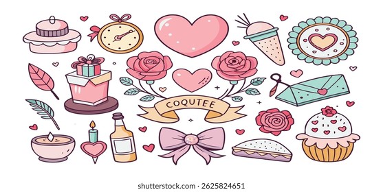 This charming set of hand-drawn coquette elements is perfect for Valentine's Day, birthdays, holidays, Friendship Day, and Christmas designs. Great for cards, prints, scrapbooks, and digital projects.