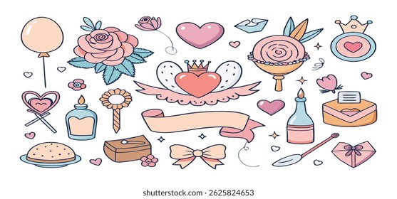 This charming set of hand-drawn coquette elements is perfect for Valentine's Day, birthdays, holidays, Friendship Day, and Christmas designs. Great for cards, prints, scrapbooks, and digital projects.