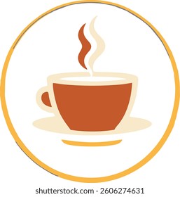 This charming and simple design features a vibrant red coffee cup placed on a light-colored saucer. Above the cup, wisps of steam rise, forming a smooth swirl