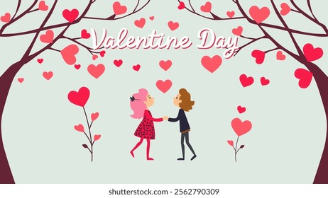 This charming Valentine's Day illustration features two cartoon characters holding hands under trees with heart-shaped leaves. The background is light, and various sizes of red and pink hearts.