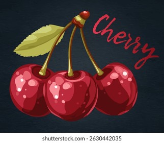 This charming vector design showcases three glossy cherries accompanied by a vibrant green leaf, highlighted with playful text to celebrate cherry fruits in a fun way