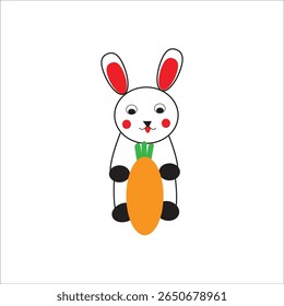 This is a charming vector illustration of a cute white bunny holding a big orange carrot. The cartoon-style design features bright colors and a playful expression, making it perfect for children’s boo