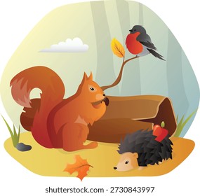 Esta encantadora ilustração vetorial retrata uma cena de floresta de outono com animais da floresta. Um esquilo segura uma bolota no chão de floresta folhosa, um ouriço carrega uma maçã vermelha em suas costas perto de um tronco caído e um pequeno pássaro empoleira em cima de um galho. A ilustração captura a beleza do outono, as cores sazonais e o espírito lúdico da vida selvagem da floresta.
