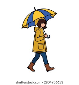 This charming vector illustration depicts a young woman walking while holding a colorful striped umbrella during a rainy day. She wears a long yellow raincoat and boots while strolling outdoors alone.
