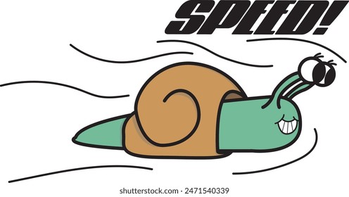 Diese charmante Vektorillustration zeigt eine Cartoon-Rennschnecke mit einem verspielten Ausdruck. Die Schnecke hat ein braunes Schneckenhaus und ihr Körper ist hellgrün gefärbt. Die Schnecke ist mit einem breiten, frechen g dargestellt