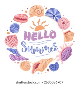This charming vector illustration features the words Hello Summer in beautiful lettering, surrounded by a circular frame of seashells. The design captures the essence of beach vibes, warm sunny days