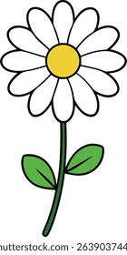 This charming vector illustration features a simple cartoon daisy flower with delicate white petals, a vibrant yellow center, and fresh green stem and leaves
