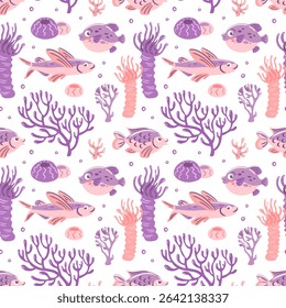 This charming vector illustration features a playful underwater pattern with vibrant fish and various corals. The soft pastel colors create a whimsical and lively marine atmosphere