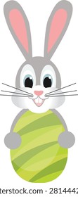 This charming vector illustration features a cute cartoon Easter bunny holding a large decorated Easter egg with a green and yellow wavy pattern. The gray and white rabbit character creates a friendly and playful holiday image, representing Easter traditions, spring celebrations, family activities, and seasonal greetings. The artwork is commonly used for greeting cards, posters, invitations, social media graphics, advertisements, stickers, and digital design projects.

The Easter bunny is one of the most recognizable symbols associated with easterly celebrations around the world. Traditionally connected with springtime and new life, the rabbit has become a popular holiday character representing happiness, celebration, and the excitement of easterly events. This illustration captures the friendly nature of the easterly bunny through a simple and appealing cartoon style.

The rabbit character is designed with soft colors and a welcoming appearance. Gray and white tones create a gentle and approachable look, making the character suitable for a wide range of audiences, including children, families, and businesses creating seasonal content.

The large easterly egg held by the bunny is the main decorative element of the composition. Eastertime eggs symbolize renewal, growth, and new beginnings. Decorating eggs is a traditional Eastertime activity enjoyed by families and communities, making decorated eggs an essential part of holiday celebrations.

The green and yellow wavy pattern on the egg adds creativity and visual interest. Decorative patterns represent artistic expression and the handmade tradition of Eastertime crafts. Bright colors and unique designs help create a festive atmosphere and make the illustration attractive for holiday-related projects.

Green is commonly associated with nature, spring, and renewal, while yellow represents happiness, sunshine, and positive energy. Together, these colors create a cheerful spring-inspired palette that enhances the Eastertime theme.