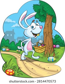 This charming vector illustration features a festive Easter Bunny carrying a wicker basket filled with colorful painted eggs in a peaceful spring landscape. The cartoon rabbit walks along a dirt path surrounded by green grass, a large tree, and a distant house under a clear blue sky. The artwork captures the joyful atmosphere of Easter celebrations, springtime nature, family traditions, and outdoor holiday activities.

The Easter bunny is one of the most beloved symbols associated with Eastertime around the world. Representing happiness, new beginnings, and spring renewal, the bunny has become an important character in holiday storytelling, decorations, greeting cards, and seasonal marketing. This illustration presents the bunny in a traditional Eastertime setting, carrying a basket filled with decorated eggs.

The wicker basket is an important element of the composition. Eastertime baskets are traditionally used to collect decorated chocolates, flowers, and holiday gifts. They represent abundance, sharing, and the excitement of Easter celebrations. The natural woven texture of the trunk creates a connection with handmade crafts and traditional holiday customs.

The colorful painted inside the trunk represent creativity, celebration, and the tradition of Eastertime decoration. Egg are powerful symbols of new life, growth, and renewal. Decorating egg is a popular activity enjoyed by children and families, making them an essential part of Eastertide traditions.

The variety of egg colors creates a cheerful and festive appearance. Bright colors such as red, yellow, blue, green, and other vibrant shades are commonly associated with spring because they reflect flowers, sunshine, nature, and seasonal happiness. The colorful egg help communicate a feeling of joy and celebration.

The outdoor setting adds a strong connection to springtime. The green grass, large tree, dirt path, and blue sky create a peaceful countryside atmosphere. Spring is a season associated with fresh growth.