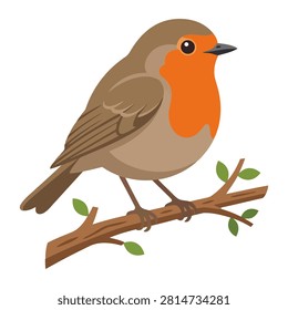 This charming vector illustration features a cute robin perched on a rustic tree branch with tiny green leaves attached The bird displays vibrant orange breast feathers against soft brown plumage This simple yet elegant design is perfect for holiday projects