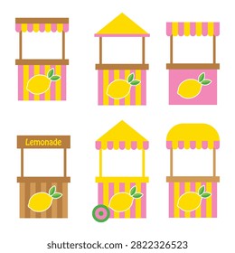 This charming vector illustration features a set of six stylized cartoon lemonade stand designs isolated on a clean white background. Adorned with bright yellow lemons, festive pink and yellow striped awnings, and rustic wooden textures, each cute kiosk variant presents a unique roof structure and layout—including one designed as a mobile cart with wheels. Perfect for children's activities, school fundraising flyers, summer market branding, or refreshing beverage icons, this playful collection offers a cheerful and nostalgic aesthetic for any warm-weather promotional graphic or web design.#LemonadeStand #SummerDrinks #VectorIllustration #LemonJuice #CartoonGraphics #BusinessKiosk #FreshBeverage #StripePattern #KidsBusiness #DesignElements