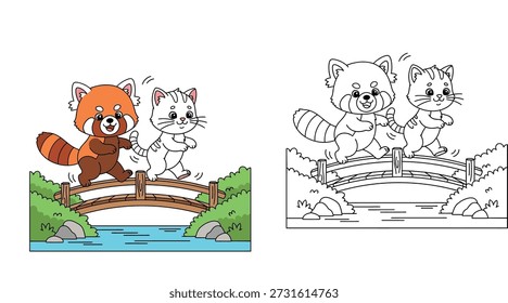 Esta é uma ilustração vetorial encantadora com um panda vermelho e um gato branco atravessando uma ponte de madeira. O estilo é limpo e cartunesco, tornando-o perfeito para livros infantis, adesivos ou materiais educacionais.