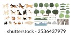 This charming vector illustration showcases various dog breeds enjoying the outdoors, surrounded by lush trees and vibrant foliage. Hand-drawn style adds warmth, celebrating companionship in nature.