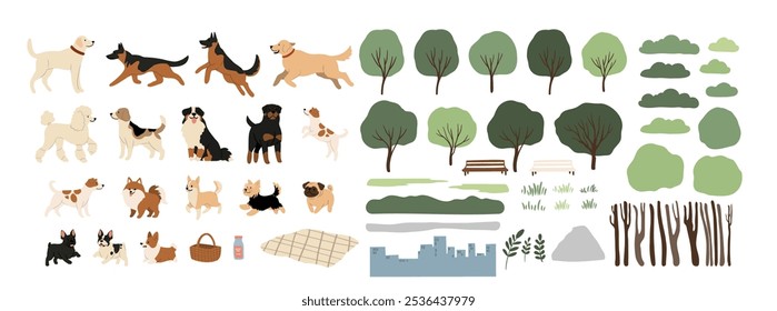 This charming vector illustration showcases various dog breeds enjoying the outdoors, surrounded by lush trees and vibrant foliage. Hand-drawn style adds warmth, celebrating companionship in nature.