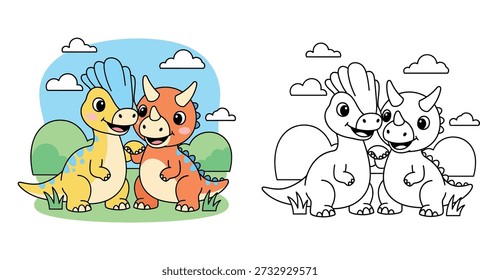 Esta es una encantadora Ilustración vectorial de dos amigos bebés dinosaurio de la mano. Los lindos personajes prehistóricos amarillos y naranjas se colocan sobre un fondo de naturaleza simple, lo que hace que este diseño sea perfecto para la ropa de los niños, el arte de la pared del vivero, los materiales educativos o las pegatinas.