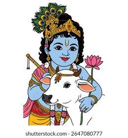 Esta ilustração encantadora e vibrante captura a essência do amor divino com Little Krishna (Bal Gopal), a divindade hindu amada, abraçando ternamente um bezerro branco sagrado