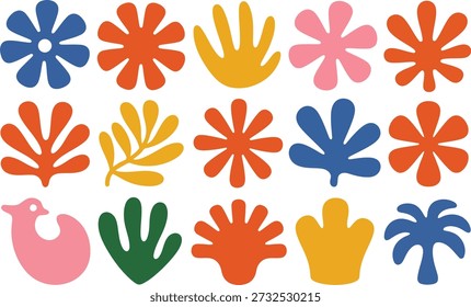 This charming visual presents a mix of simplified plants, flowers, and a unique creature in a bright, inviting color scheme.