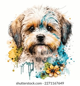 This charming watercolor illustration captures the playful spirit of man's best friend. Created with care and attention to detail, this piece features a lovable dog in a bright and colorful style that