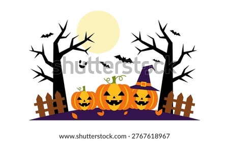 This charmingly spooky illustration captures the essence of Halloween with three grinning jack-o'-lanterns nestled in a dark forest setting. A large full moon illuminates the scene, while bats flutter ominously in the night sky, and a friendly ghost floats by. Bare trees and fallen leaves complete this festive, eerie, and whimsical holiday depiction.