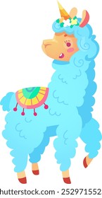 This cheerful blue llama prances playfully adorned with a sparkling unicorn horn and festive decorations on its back bringing joy to the sunny surroundings.