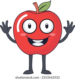 This cheerful cartoon apple character is depicted with a big, welcoming smile and raised hands, exuding a sense of joy and enthusiasm