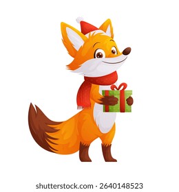 This is a cheerful cartoon illustration of a fox wearing a Santa hat and red scarf, holding a green Christmas present. The fox is smiling and ready for the holiday season.