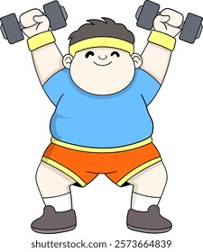 This cheerful cartoon illustration showcases a character in workout gear lifting dumbbells, emphasizing fitness and a healthy lifestyle