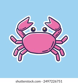 This cheerful cartoon image features a pink crab with big eyes and a smile, set against a blue backdrop.