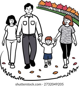 This cheerful cartoon-style image shows a smiling family walking hand-in-hand through an autumn landscape—perfect for celebrating togetherness, seasonal joy, and outdoor bonding in nature.