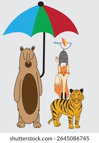 This cheerful children's illustration is filled with cute animals like lions, elephants, and bears, all smiling and playing together. Bright colors and friendly faces make it fun and joyful!