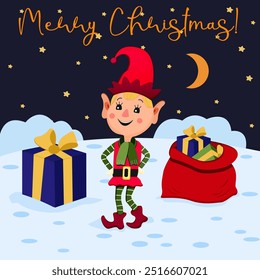 This cheerful Christmas illustration features a smiling elf in a red hat and green-striped outfit, standing in snow with gifts and a red sack. A night sky with stars and the moon adds a festive atmosp