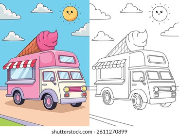 This cheerful coloring book brings an ice cream truck scene to life.