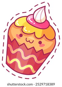 Este alegre cupcake cuenta con una cara sonriente y un glaseado vibrante que transmite un ambiente juguetón. El colorido diseño destaca su atractivo encantador adecuado para cualquier amante de los postres.