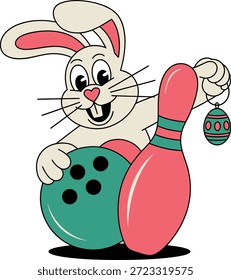 Esta alegre mascota de boliche de conejo de Pascua sostiene un bolos y un huevo ornamental en un divertido estilo de ilustración de dibujos animados retro groovy.
