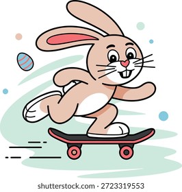 This cheerful Easter Bunny Skateboard cartoon illustration features a cute rabbit mascot riding a skateboard, complete with a decorative Easter egg detail.