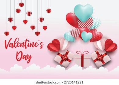 This cheerful illustration combines festive elements to create a perfect Valentine's Day greeting. It features beautifully wrapped gift boxes and a lively cluster of heart-shaped balloons in red, light blue, and striped designs. The prominent 'Valentine's Day' text on the left, alongside numerous hanging hearts and soft clouds, makes it ideal for cards, social media posts, or promotional materials celebrating love.